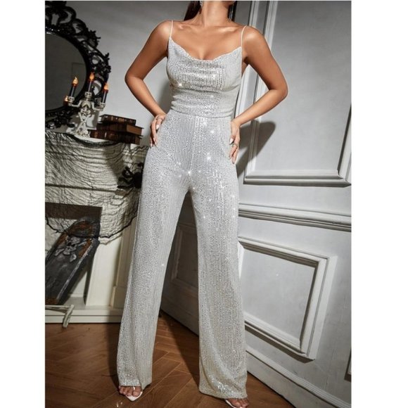 sequin Draped cowl Neck Cami Jumpsuit Silver - Picture 5 of 6